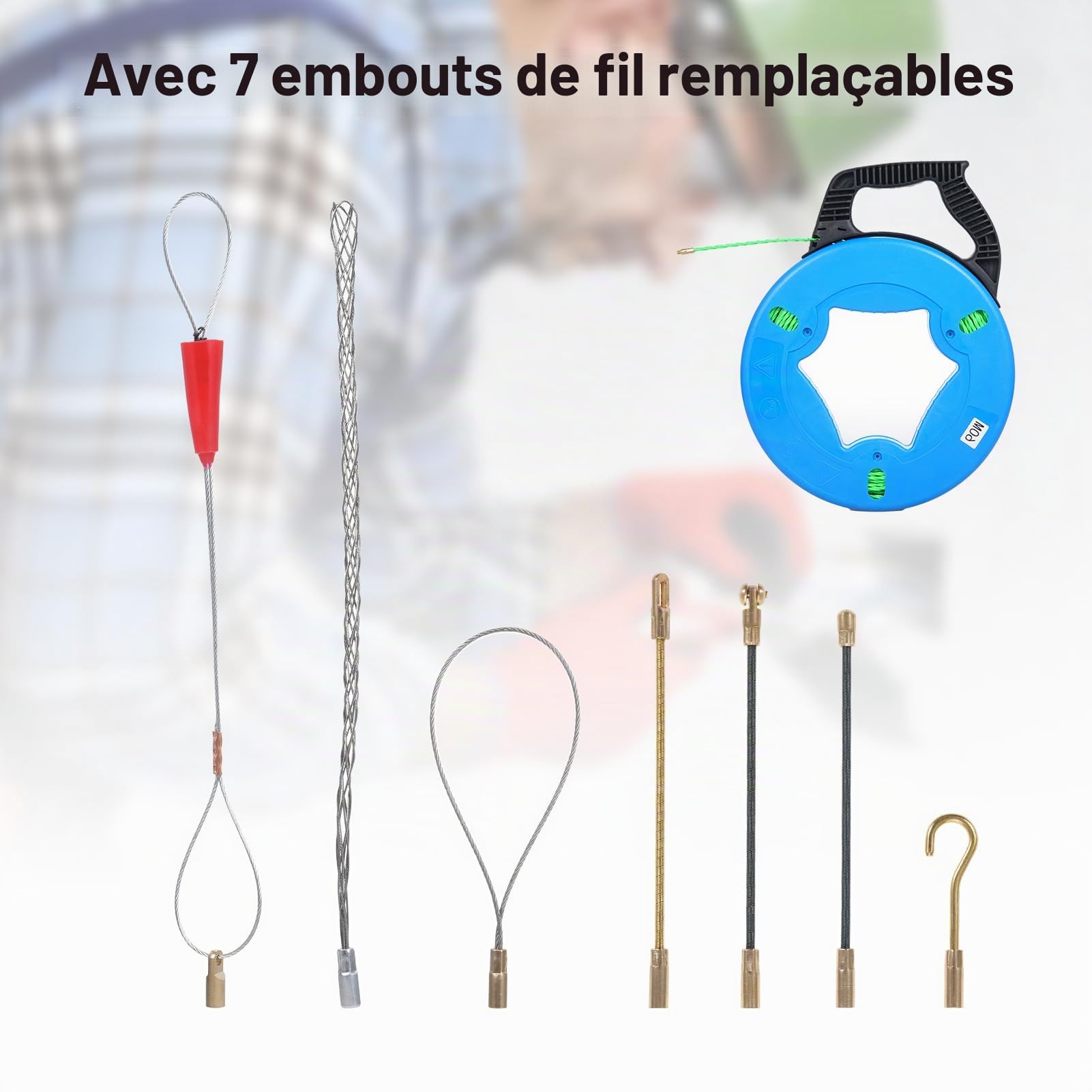 Aide à l'extraction de câbles de 60 m - Avec 7 Adaptateurs pour Aiguille Tire Fil, Fil de traction PET de qualité supérieure Spirale rétractable raffinée pour tubes vides