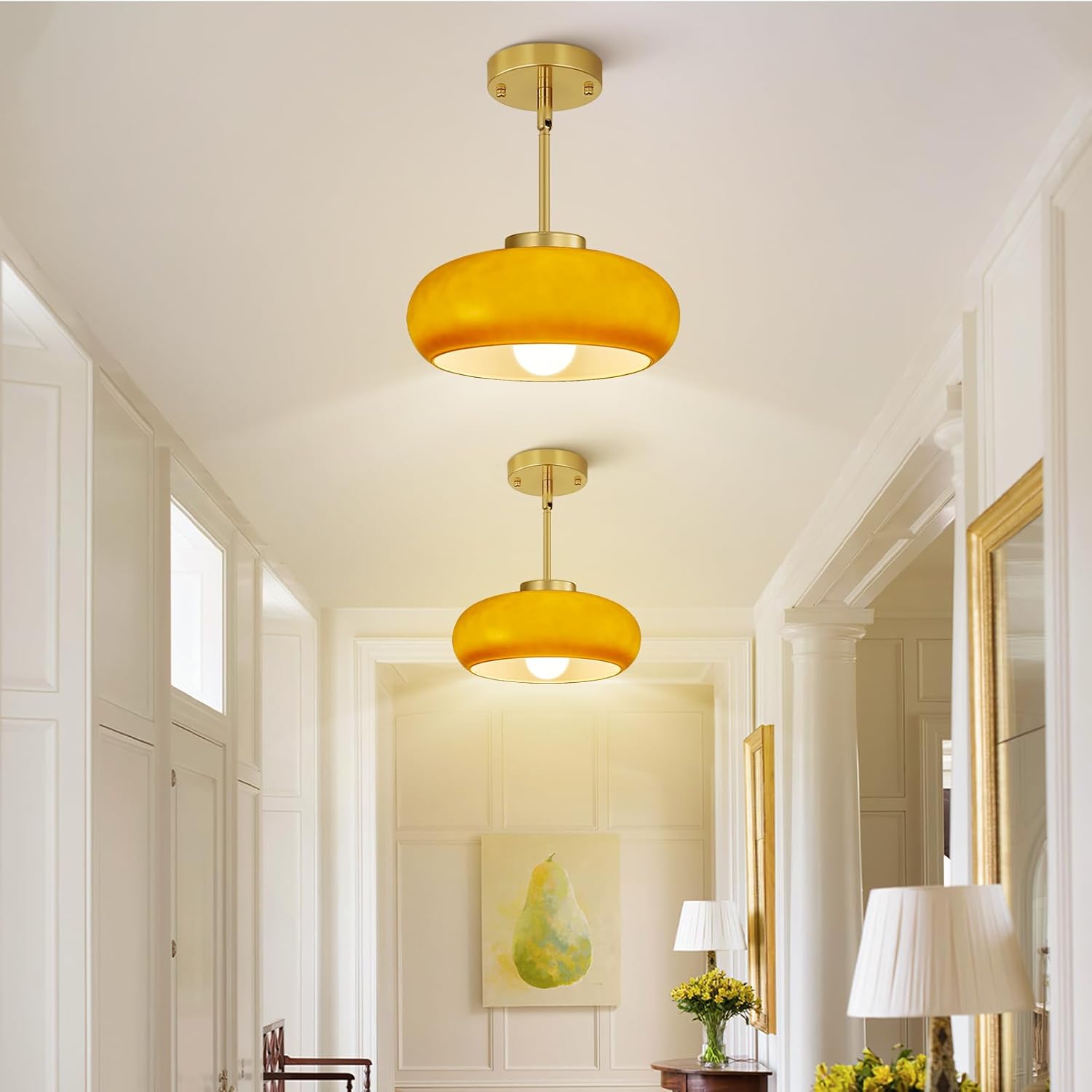 Yunnix Semi Flush Mount Ceiling Light, Gold Light Fixture, Mid-Century Modern Farmhouse Brown Glass Small Light Fixtures for Hallway, Bathroom, Kitchen, Bedroom, Living Room, Closet, Laundry