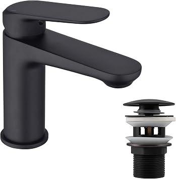 Bathroom Sink Mixer Tap,NEWRAIN Bathroom Basin Taps Mixer Mono Matte Black Brass Single Hole with Pop up Waste