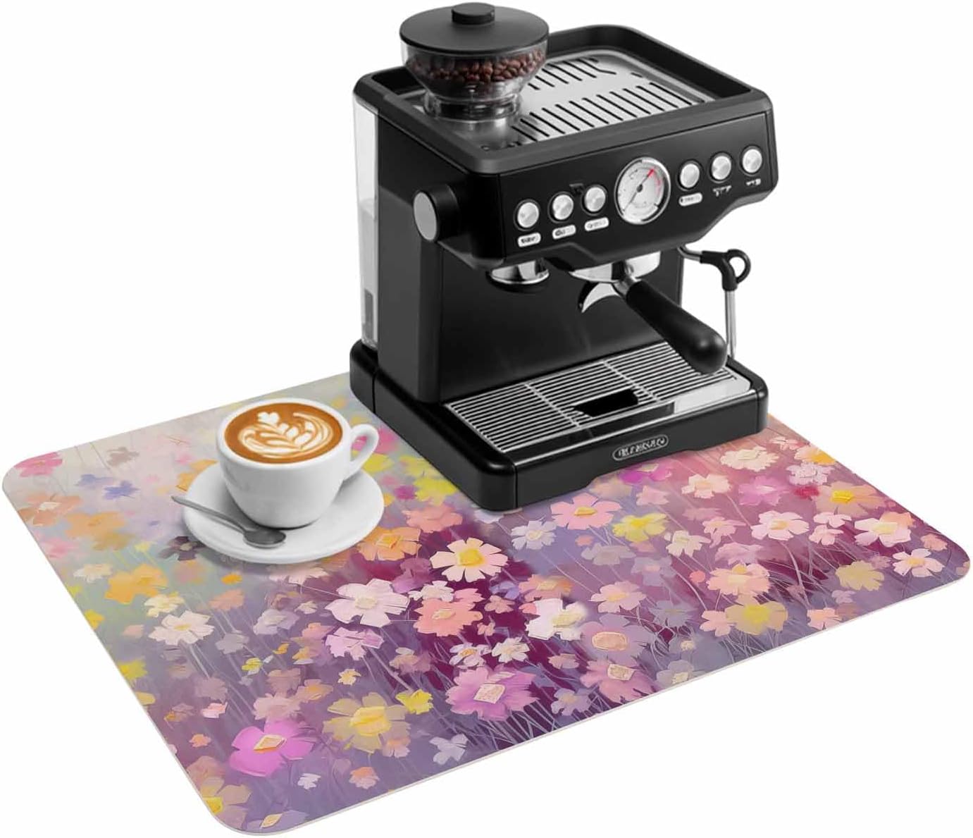 Coffee Mat Watercolor Flower Floral Dish Drying Mat for Kitchen Counter Leaves Branch Colorful Coffee Bar Mat for Coffee Maker and Espresso Machine, Coffee Station Accessories 18x28in