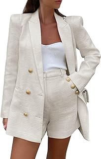 Womens 2 Piece Tweed Blazer Shorts Sets Long Sleeve Double Breasted Suit Jackets Business Outfit