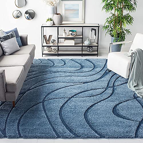 Image of (Pack of 2 Geometric Wave Square Shaggy Carpet for Living Room, Bedroom, High Low Design Finish Microfiber 1.8 Inch Pile High, 8x8 Feet Royal Blue|Blue Color