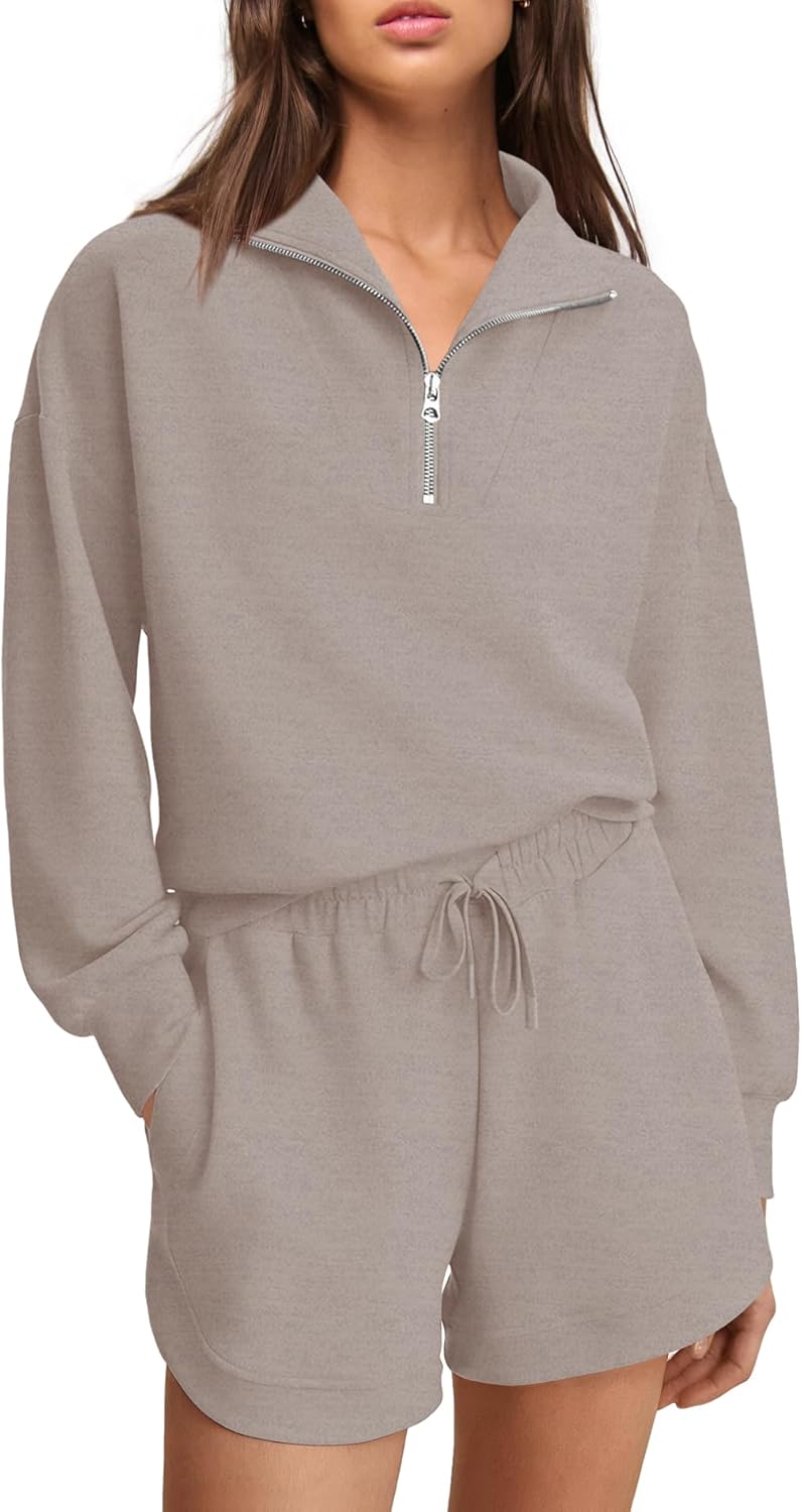 Panadila Womens Oversized Sweat Set 2 Piece Sweatsuits Airport Travel Lounge Set Long Sleeve Half Zip Top and Shorts - Image 4