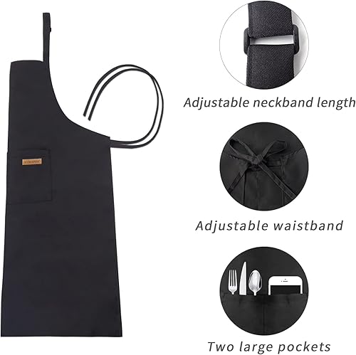 Miniatura 3 de ATROPOS Paquete de 2 delantales de cocina ajustables negros resistentes a las gotas de agua con 2 bolsillos para hombres y mujeres, adecuado