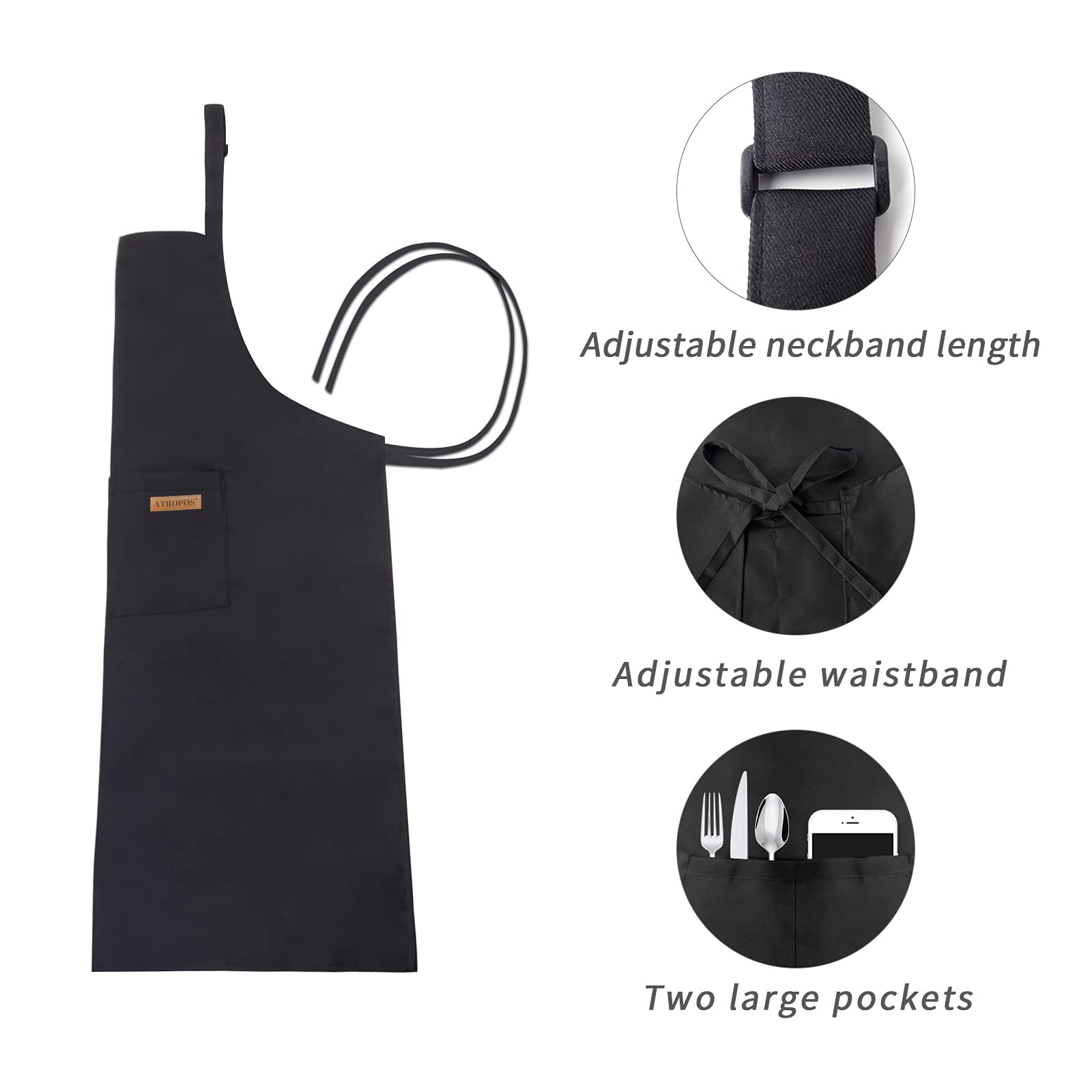 ATROPOS Paquete de 2 delantales de cocina ajustables negros resistentes a las gotas de agua con 2 bolsillos para hombres y mujeres, apto para cocina y barbacoa al aire libre (35.8 x 26.8 pulgadas