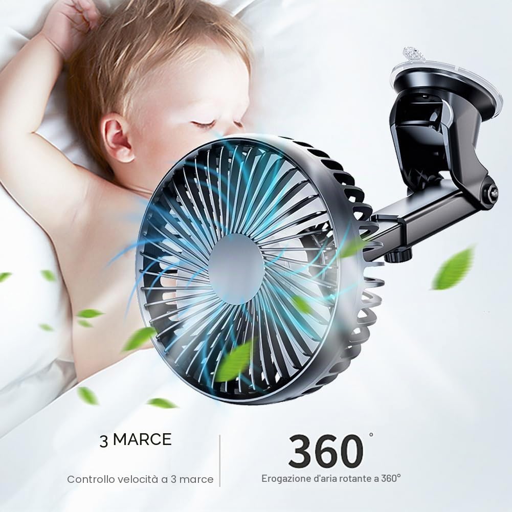 Ventilatore da Auto, Mini Ventilatore per Cruscotto, Regolabile a 360° con Ventosa, 3 Velocità, Filtro per Auto con Testa Singola