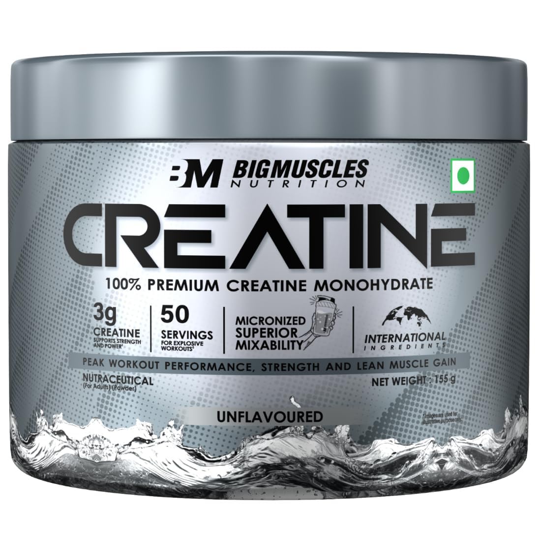 Bigmuscles Nutrition Creatine [155 G,50 Servings]| Unflavoured|Micronized Creatine Monohydrate To Support Lean Muscle Repair & Recovery|Increase Strength&Athletic Performance,Powder,1 Count