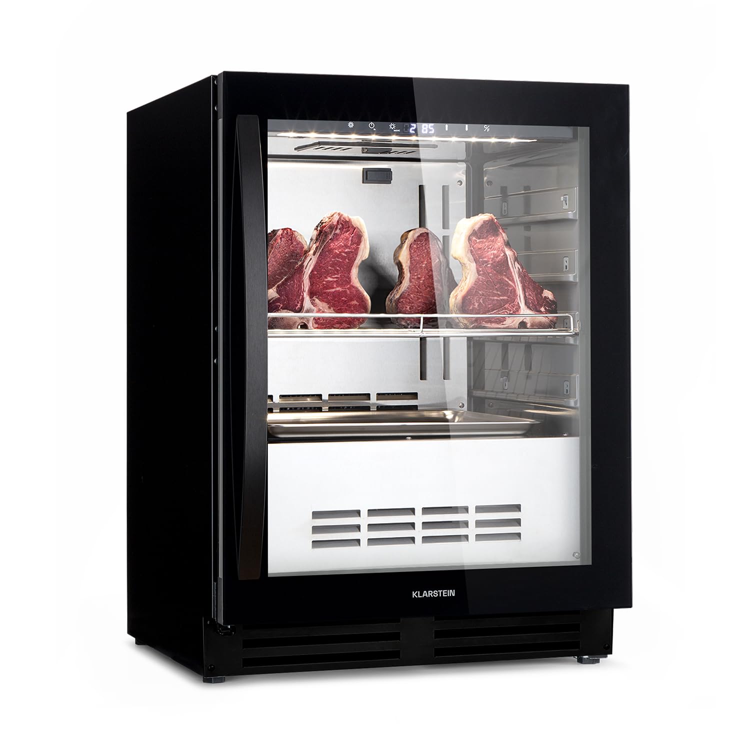 Klarstein Kühlschrank, Reifeschrank Dry-Aged, 1 Zonen Kühlschrank mit Glastür, für In- und Outdoor mit LED-Beleuchtung, Freistehend oder Einbaukühlschrank, Temperaturbereich 1-25 °C, 98 L