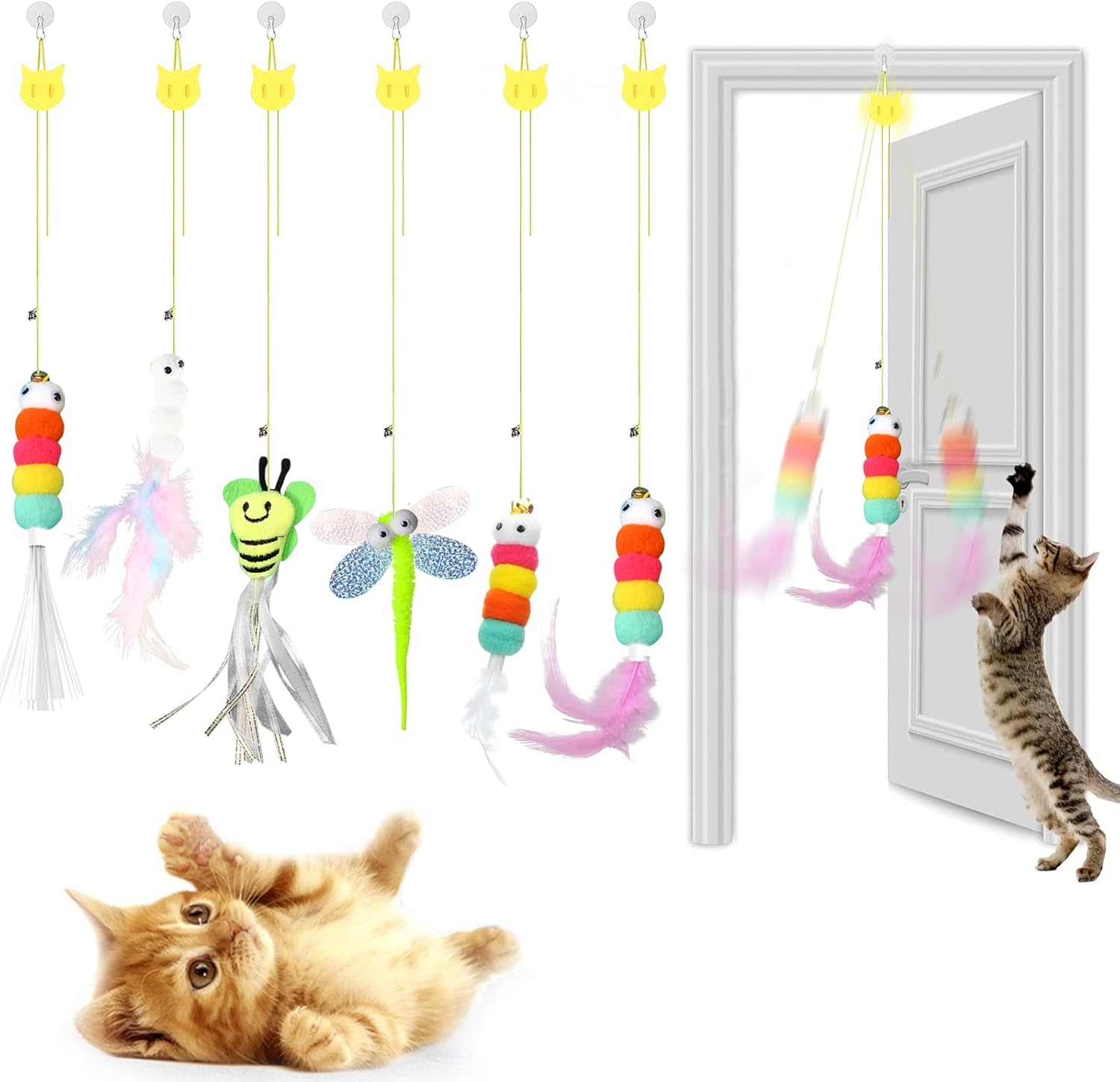 2025 New 6 Pcs Interactive Feather Cat Toys, Retractable Indoor Teaser for Self Play, Hanging Toy for Kitten Chase, Fun Exercise, Mental and Physical Stimulation