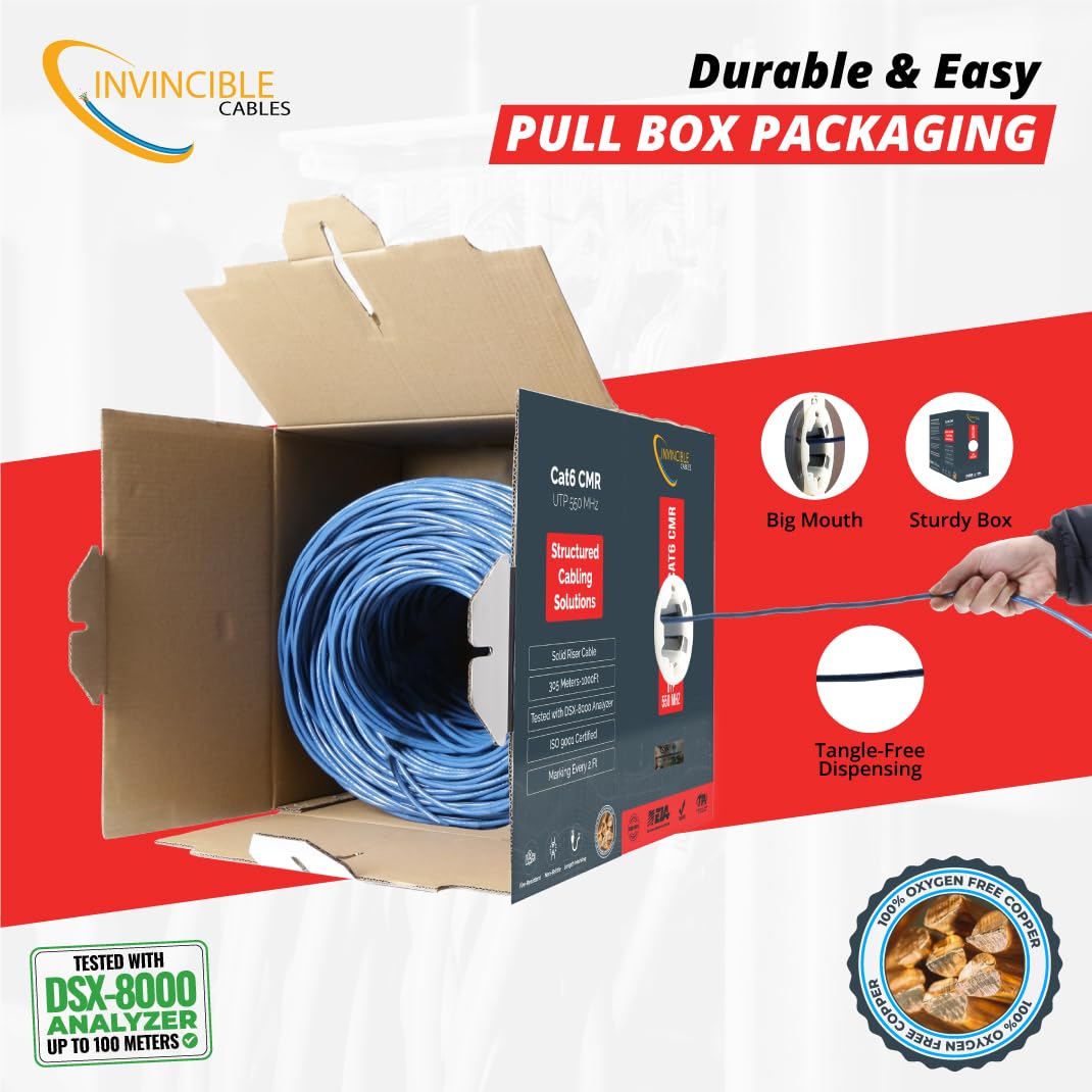 Cat6 Riser (CMR) 1000ft Cable |UL Certified |100% Solid Copper, 550 MHz, 23AWG, 4 Pair, UTP |DSX-8000 Analyzer Tested Up to 100m |(4PPoE) |Most Certified Cable in The Market (White)