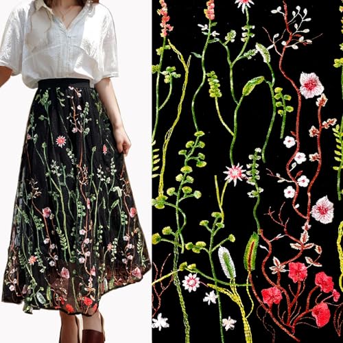 2Yards Embroidered Fabric, Wedding Dress, Bohemian Style Bride's Shawl, Gauze Alternative Veil with Colorful Headdress DIY for Design (Black 21.6 X 71inch)