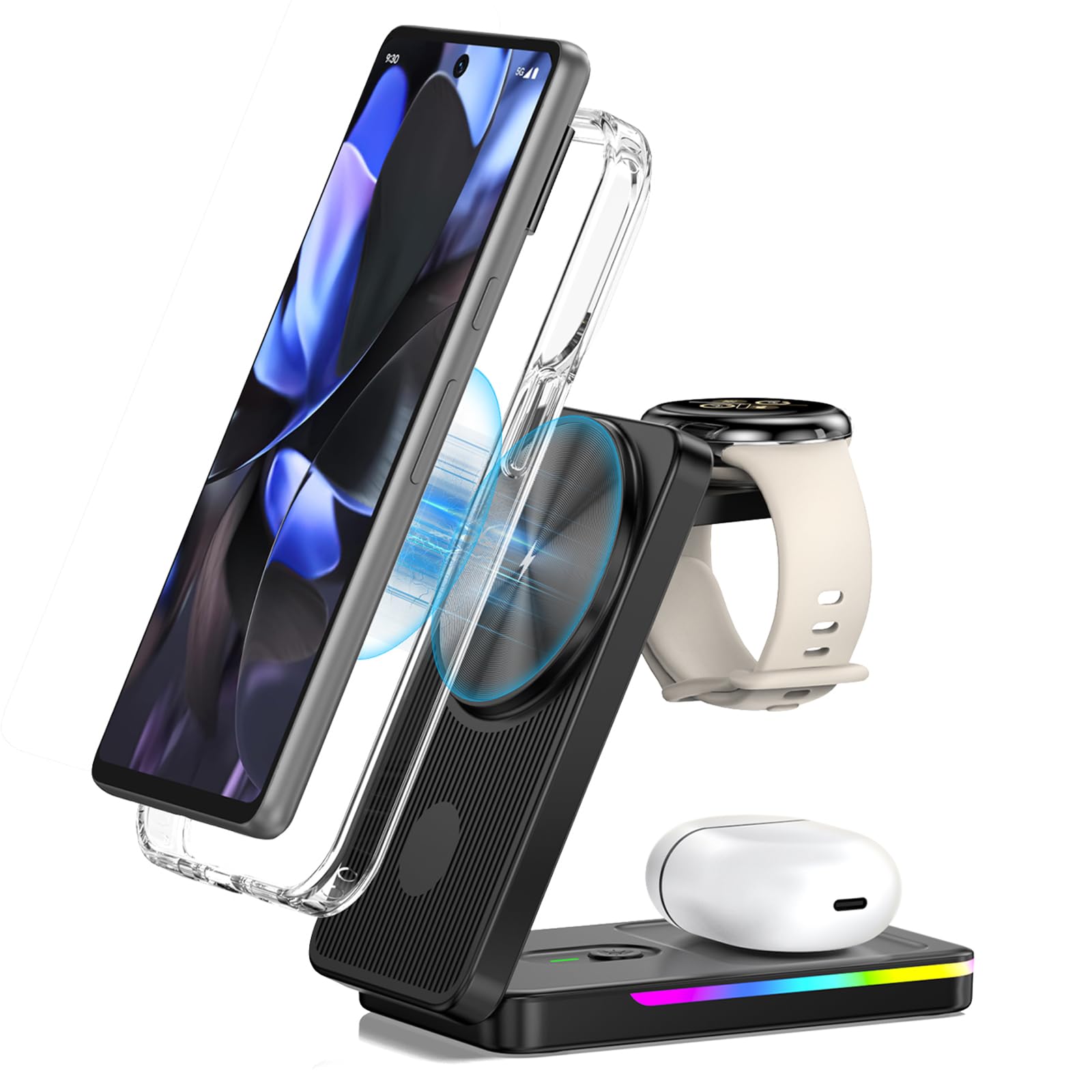Chargeur Induction Magnétique pour Google Watch 3/2, Station de Charge Magnétique pour Pixel 10/9 Pro XL/9/8a/8, Pliable 3 en 1 Chargeur sans Fil pour Google Buds Pro 2 (Non pour Pixel Watch 4/1)