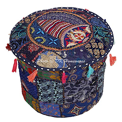 DK Homewares Indian Vintage Patchwork Pouf Ottoman Cover Dark Blue Round Footstool Pouffe Home Decor Cotton Embroidered Pouffe Foot Rest Floral Traditional 16x16x13 - COVER ONLY