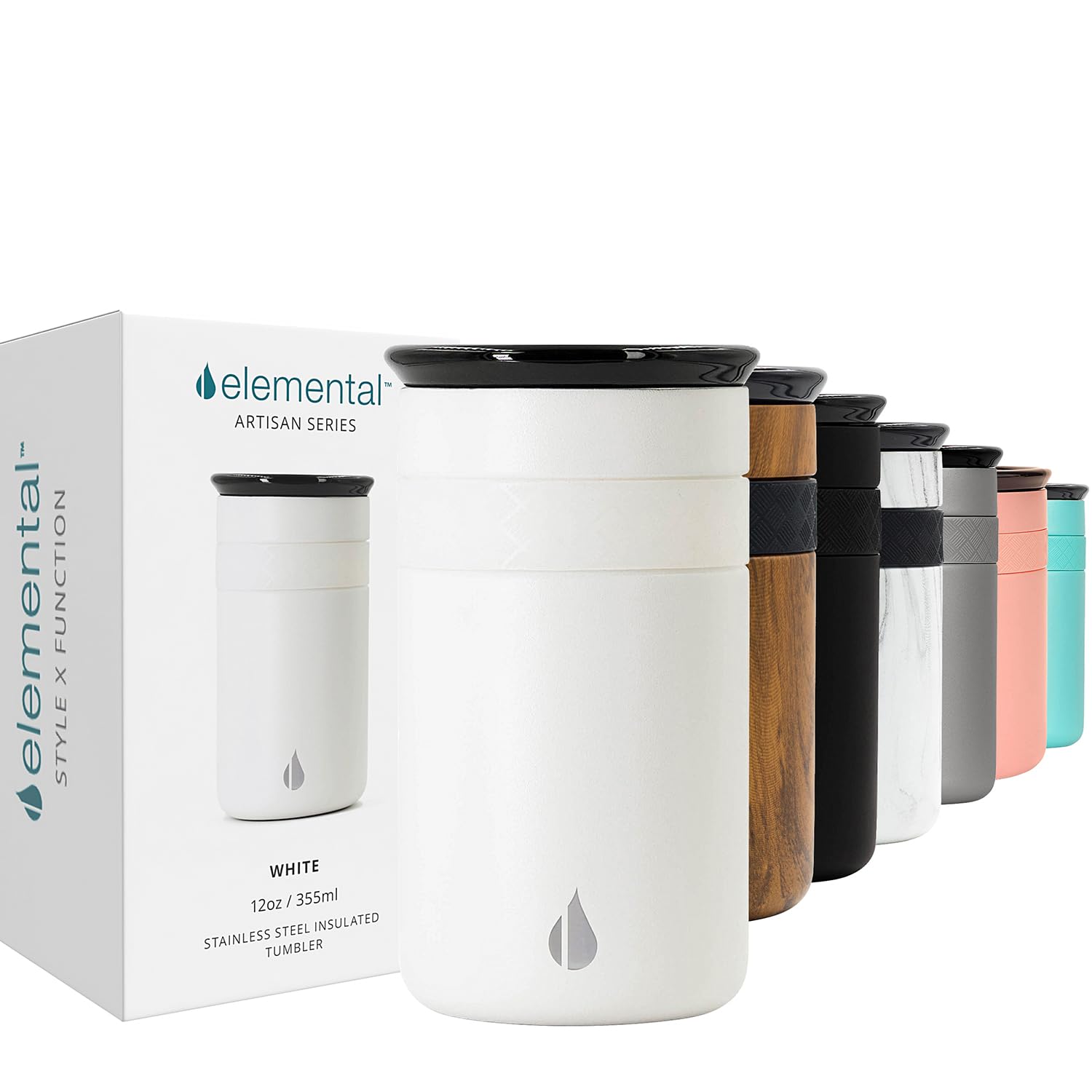 Elemental Artisan Insulated Tumbler - Triple Wall Coffee Travel Tumbler, Reusable Stainless Steel Coffee Tumbler with Ceramic Lid - Thermal Coffee Cup - Hot (6 Hrs) & Cold (18 Hrs)- Matte White -355ml — image 1