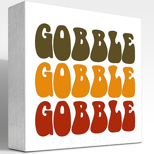 Decoración de escritorio de otoño, Groovy Gobble Gobble Fall Thanksgiving Wood Block Sign Decoración de escritorio, caja de madera rústica de