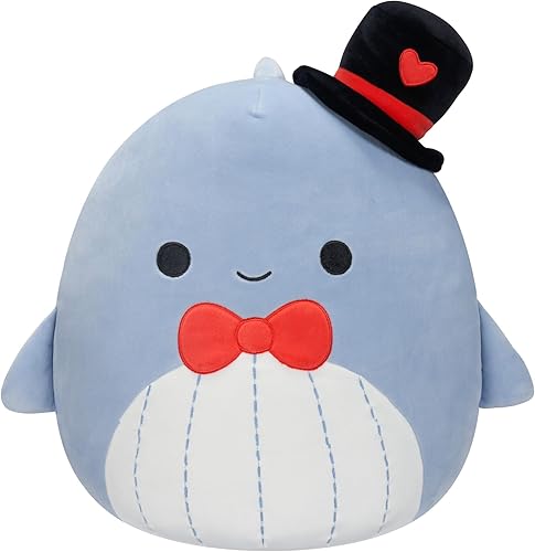 Squishmallows Ballena azul Samir original de 12 pulgadas con sombrero de copa de corazón y pajarita roja - Peluche oficial de Jazwares