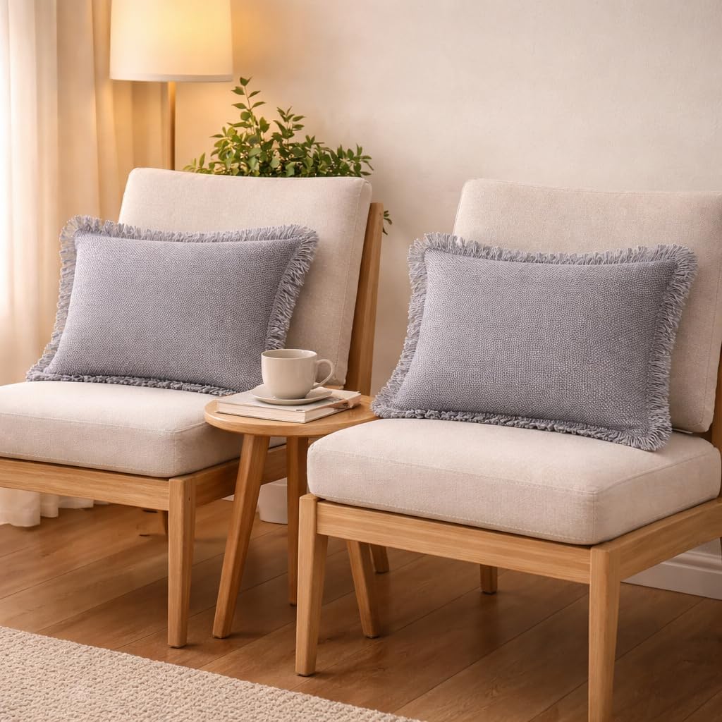 Pillow Covers Set of 2 – Decorative Self Fringes Throw Pillow Cases –14x20 Inch 90% Cotton,10% Linen Cushion Covers for Sofa, Couch, Bedroom, Living Room Décor – Grey Decorative Pillow Covers