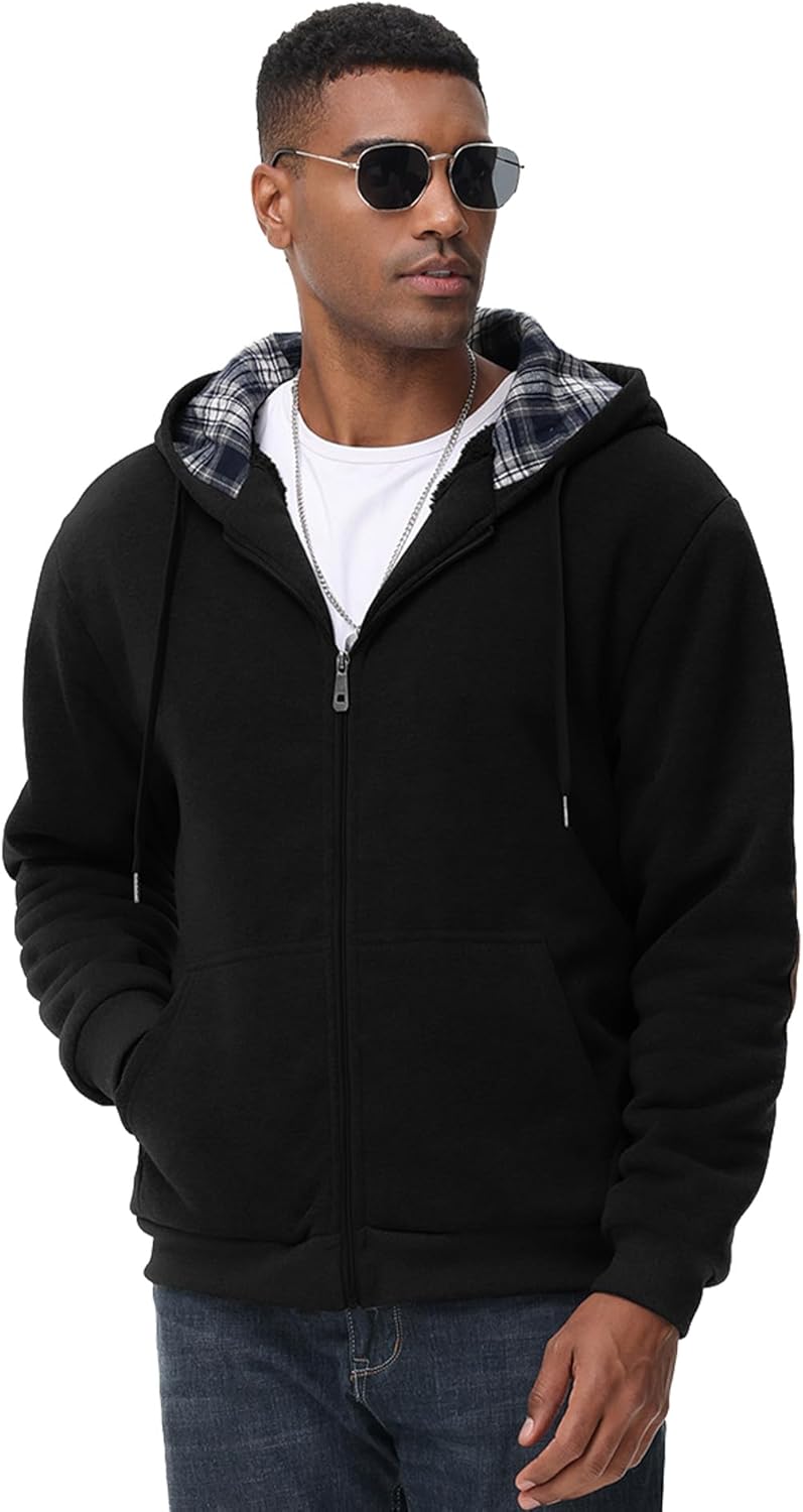 Men's Sherpa Jacket Fleece Lined Zip Up Plaid Hood Heavyweight Sweatshirt Winter Warm Thick Coat with Elbow Patches - Image 2