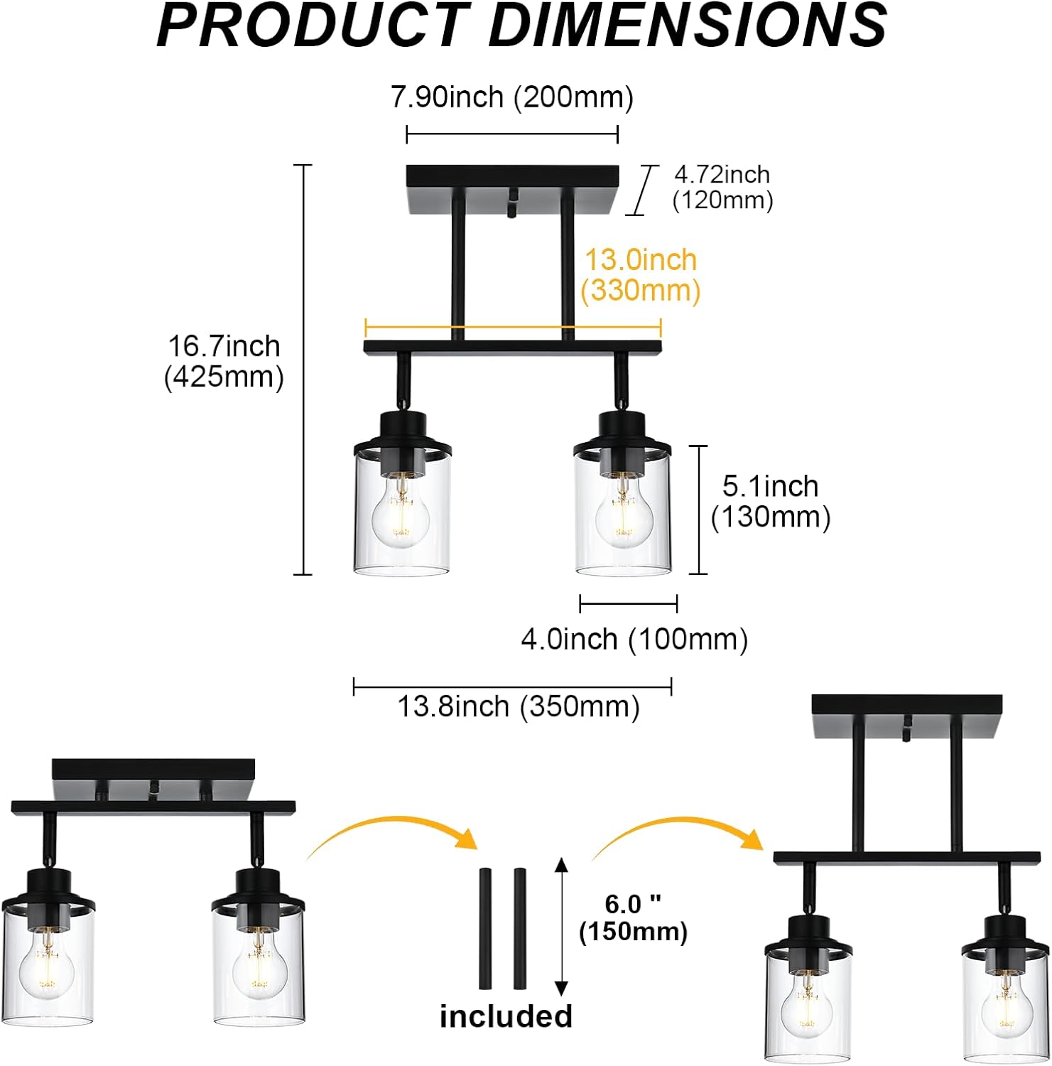 Yaohong 2-Light Kitchen Track Light Fixtures Ceiling Vanity Lights Black, Bathroom Track Lighting Kit with Ajustable Heads, Modern Wall Ceiling Tracking Light for Hallway Shop