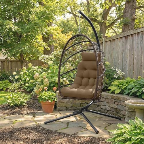 Outsunny Hanging Egg Chair with Stand, Foldable Wicker Rattan Swing Chair with Thick Cushion and Safety Rope for Patio Garden, Supports 264 lbs, Brown — view 8