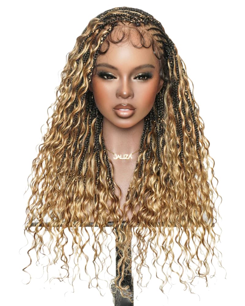 JALIZA 24‘’ Fulani Boho Box Braided Wigs for Black Women - Pre Bleached Full HD Lace Glueless Frontal Wig, Human Hair Deep Wave Curls with Synthetic Braids, 113