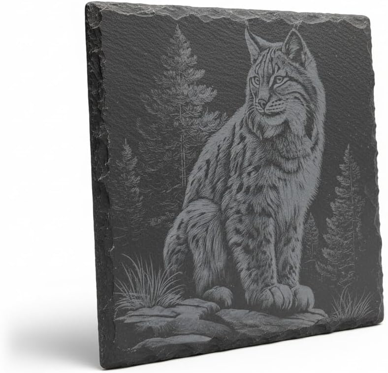North American Predators Engraved Slate Coaster Set with Rustic Log Style Holder, Bear, Wolf, Lynx, Mountain Lion, Fox, Outdoorsman Gift Idea, Cabin Decor