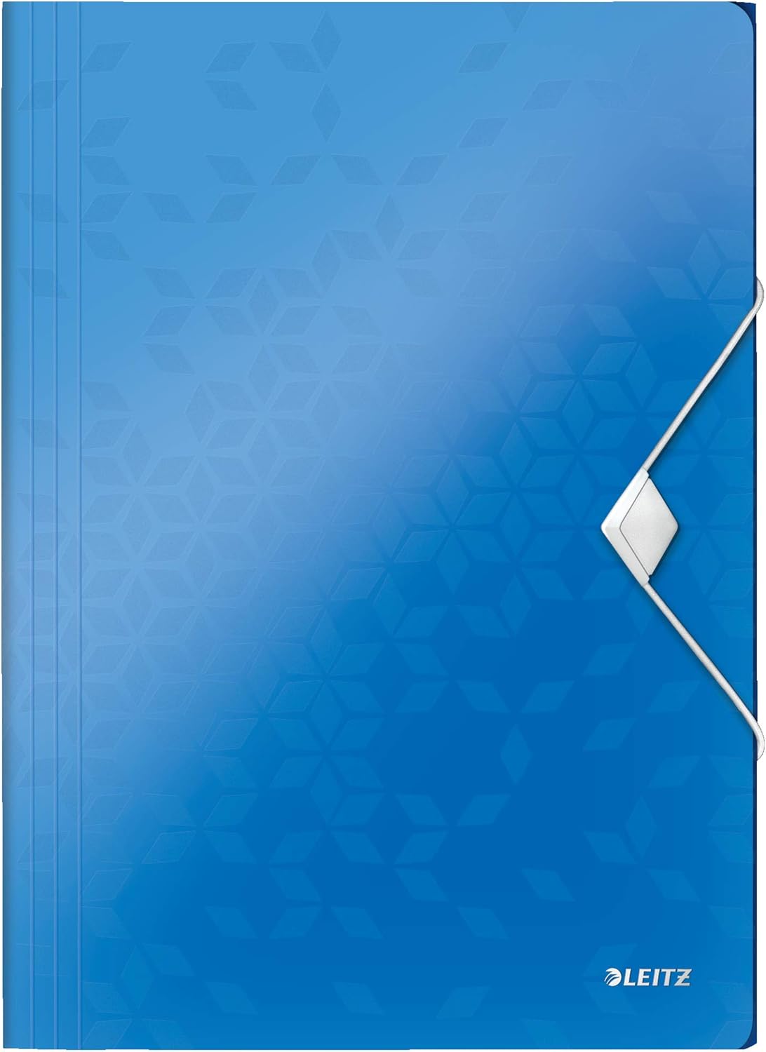 Leitz 3-Flap Folder, Holds up to 150 A4 Sheets, Elastic Closure, Flexible Plastic, Blue Metallic, Wow Range, 45990036