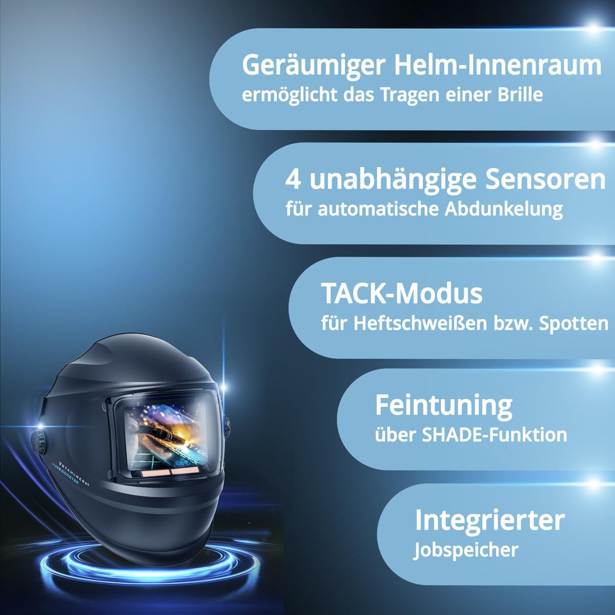 STAHLWERK Automatik-Schweißhelm 3-in-1 Booster AIR – Schweißerhelm mit Frischluftzufuhr, PAPR-System, True-Colour-Technologie, Jobspeicher, automatische Abdunkelung DIN 4-13, optische Klasse 1/1/1/2