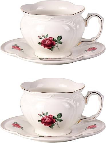 Miniatura 18 de KAMMAK Juego de 2 tazas de té y platillos, tazas de café de porcelana, tazas de expreso apilables de 6.8 onzas, demitaza de cerámica para café, café