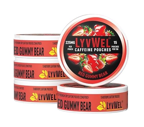 LyvWel 225mg Caffeine Energy Pouches – Red Gummy 5-Pack (70