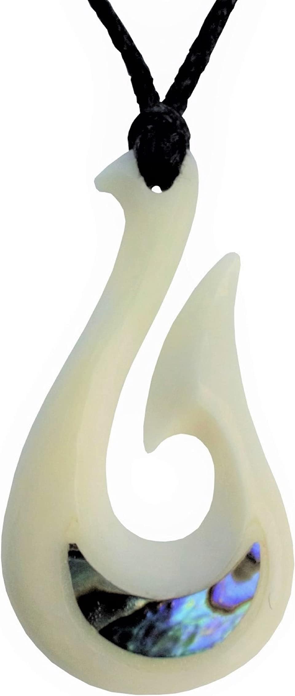 Hand Carved Maori Bone & Paua Shell Hei Matau Fish Hook Pendant from New Zealand