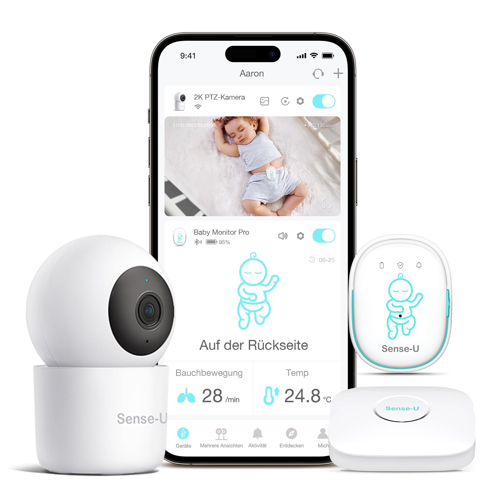 Sense-U Baby Monitor 3 mit Kamera,Babyphone,das Sie bei Bauchbewegungen,Rollen,Temperaturen und Erkannten Bewegungen Benachrichtigt, mit Nachtsicht,2-Wege-Sprechfunktion und Großer Reichweite