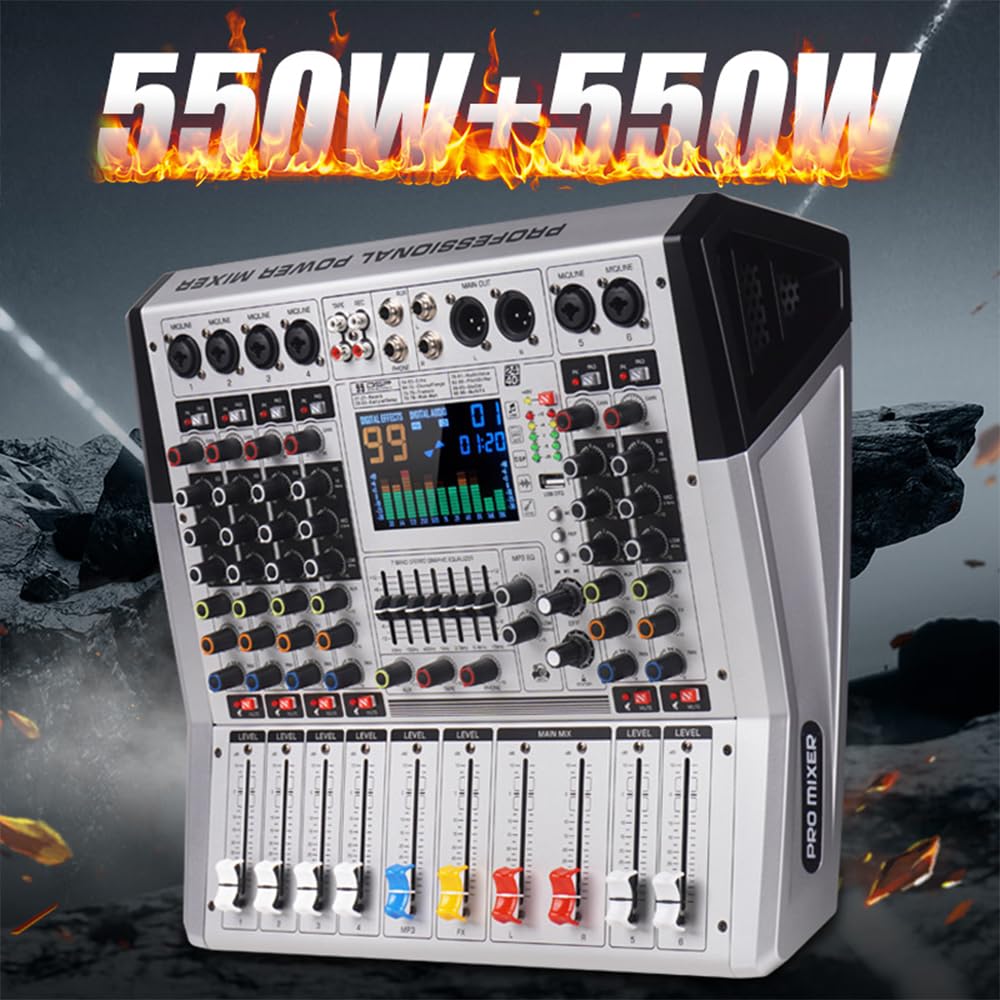 VR-6 PRO Mixer Audio - Amplificatore ad Alta Potenza da 550W x 2, 99 Effetti DSP, Console DJ Audio Bluetooth, Display a Grande Schermo Spettro, Tuner DJ con Riduzione Intelligente del Rumore