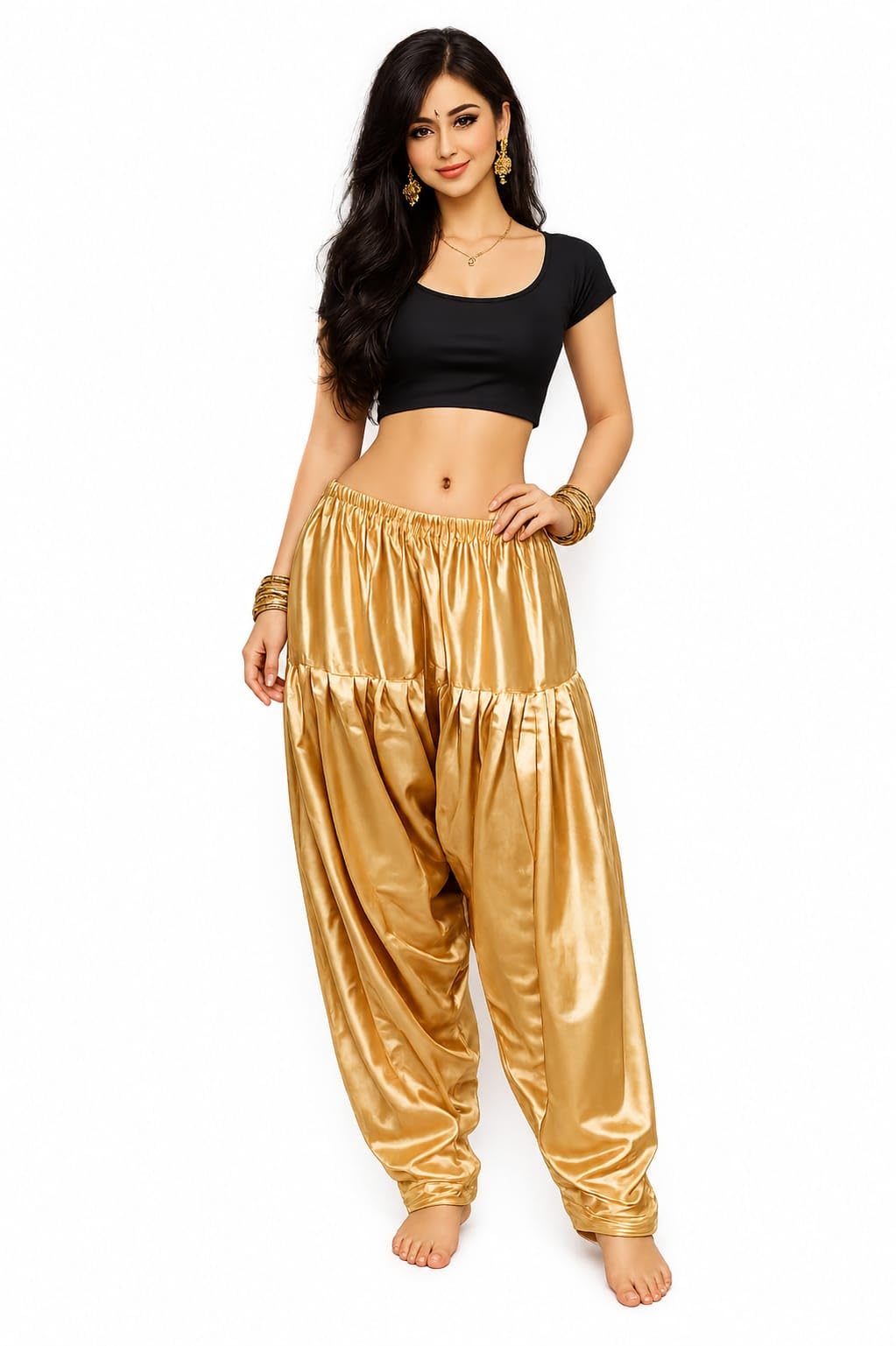 Women's Gold Satin Patiala Salwar Pants with Elastic Waist-picture-20