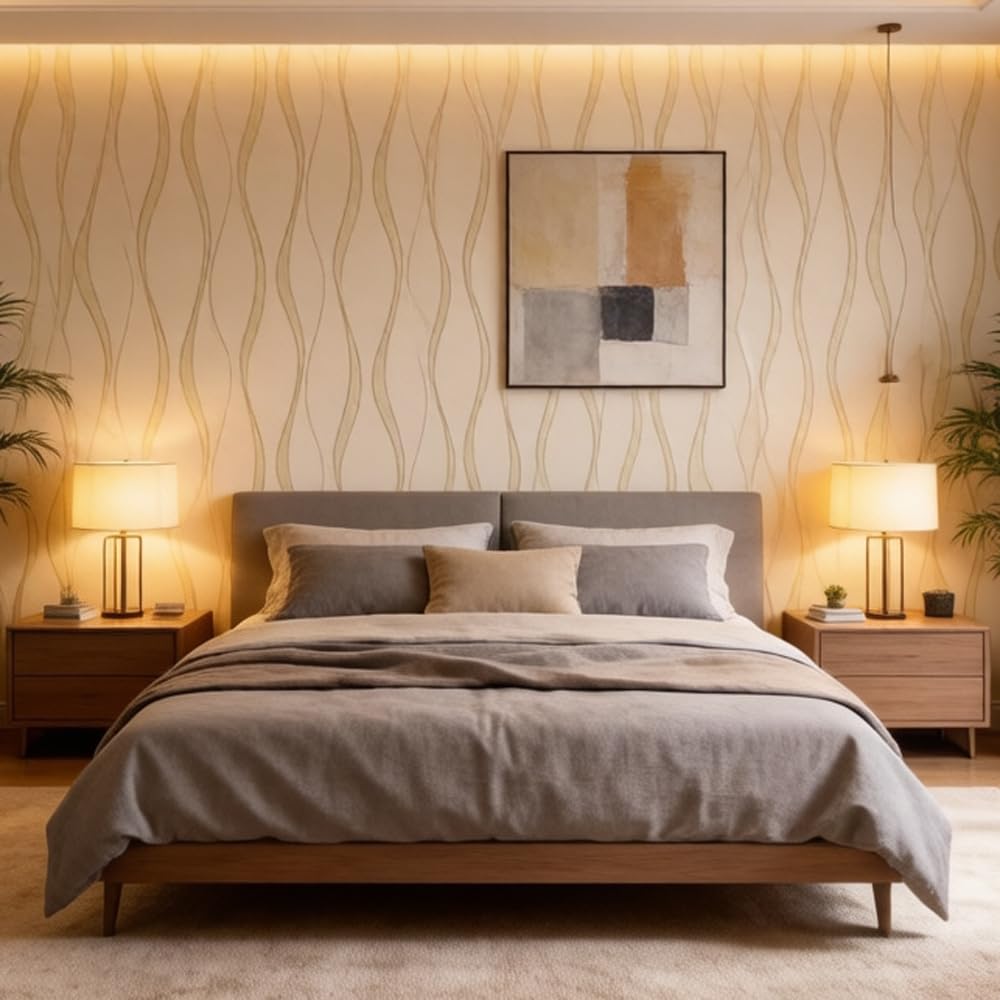 prior.choice 9.5X0.53M Modern Abstract Gloss Stripes Non-Woven Wallpaper Roll for Bedroom Livingroom 1.73' W x 31.2' L=5.035㎡ (54sq.ft) (Beige)
