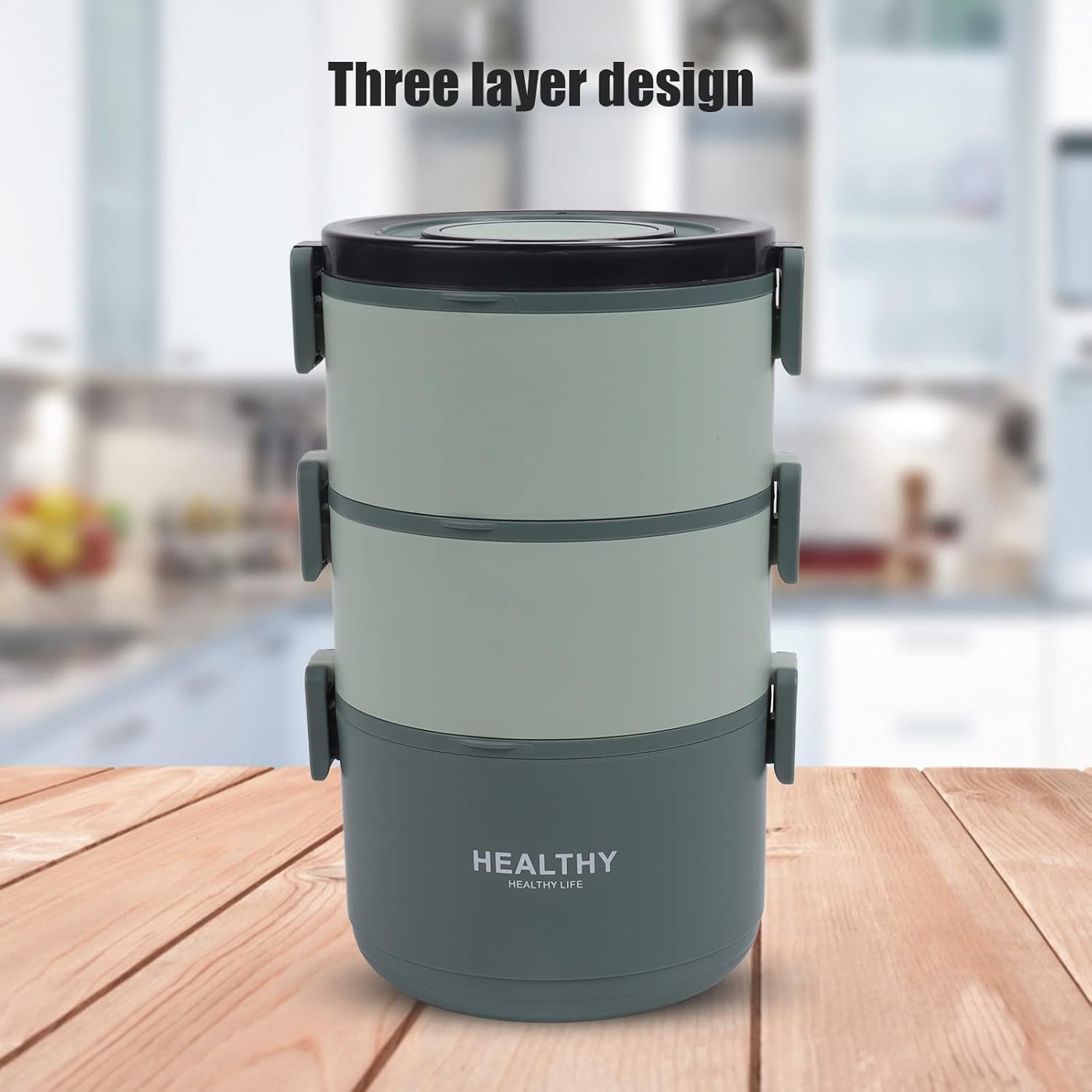 Lunch Box, 2200ml Lunch Box Three Layer Stackable Lunch Container Detachable Compartment Design Portable Round Box for Home Office Picnic(Bean Paste Green)