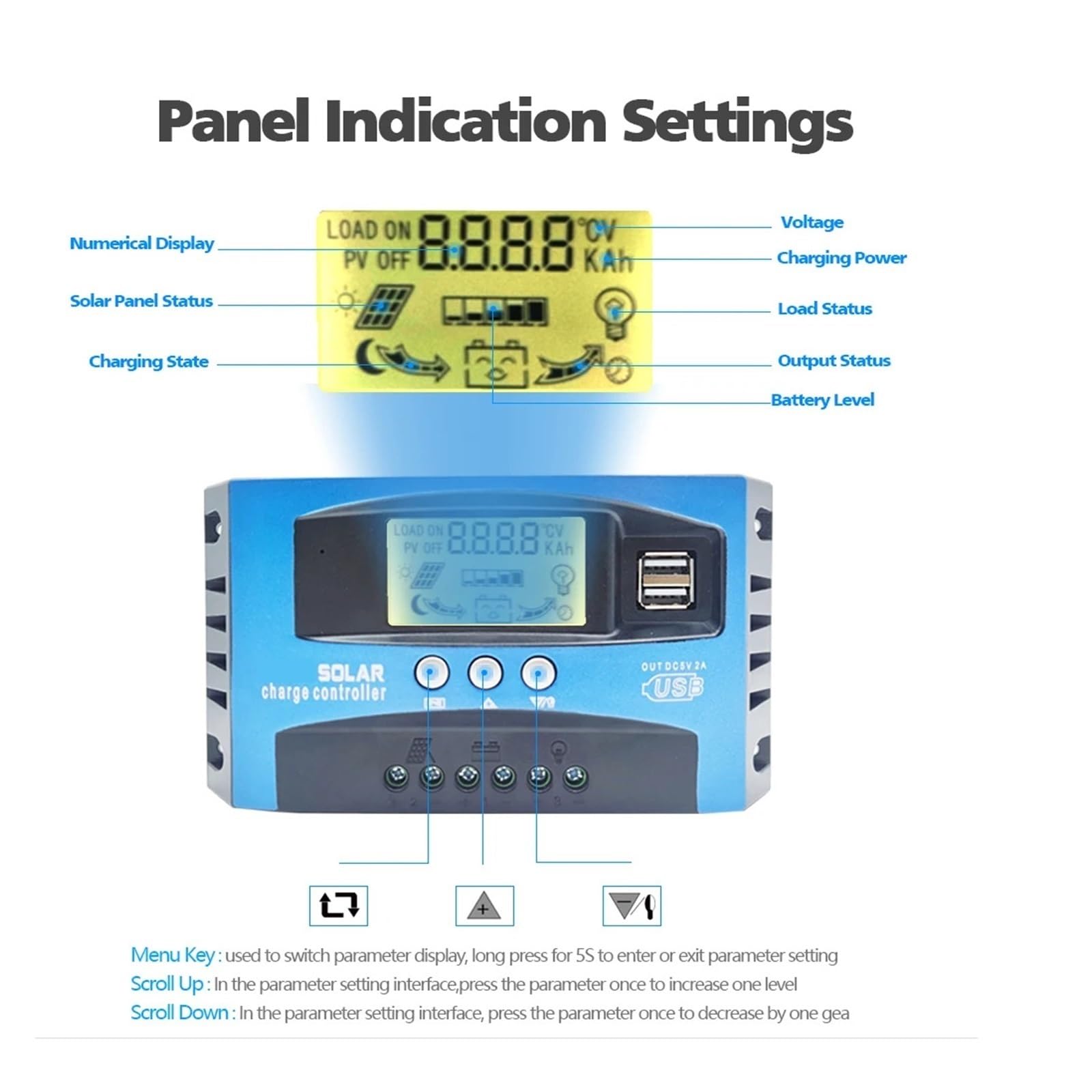 Regolatore di carica solare, Regolatore di carica solare con doppio USB, display LCD, regolatore for pannello da 12 V a 24 carico(100A)