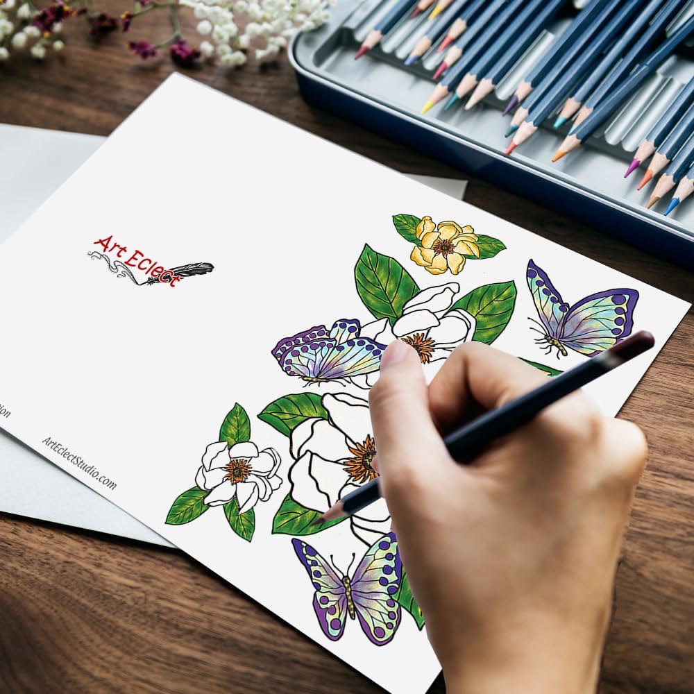 Art Eclect Coloring Greeting Cards for Adults, Floral Cards to Color for Birthdays, Anniversary, Thank You and Sympathy Cards, 10 Designs and 10 Envelopes (Set Flowers B/Pink) - Image 2