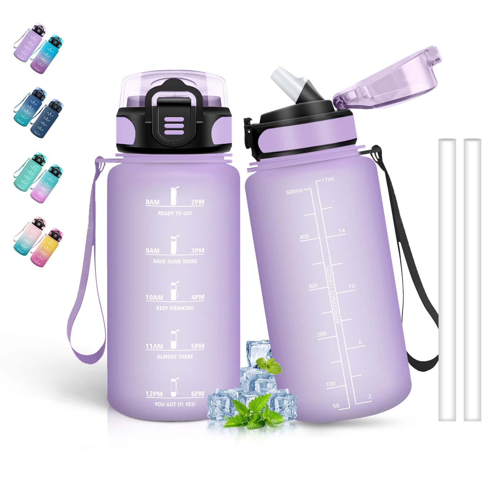 Grsta Children's Water Bottle, 500 ml, Water Bottle with Straw, Easy to Clean, Leak-Proof, Water Bottle with Time, Water Bottle for School, Travel, Camping, Running, Purple