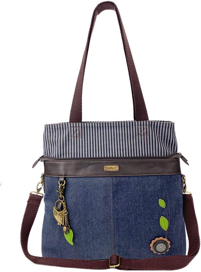 CHALA Denim Convertible Stripe Work Tote in Navy Blue (Metal Owl)