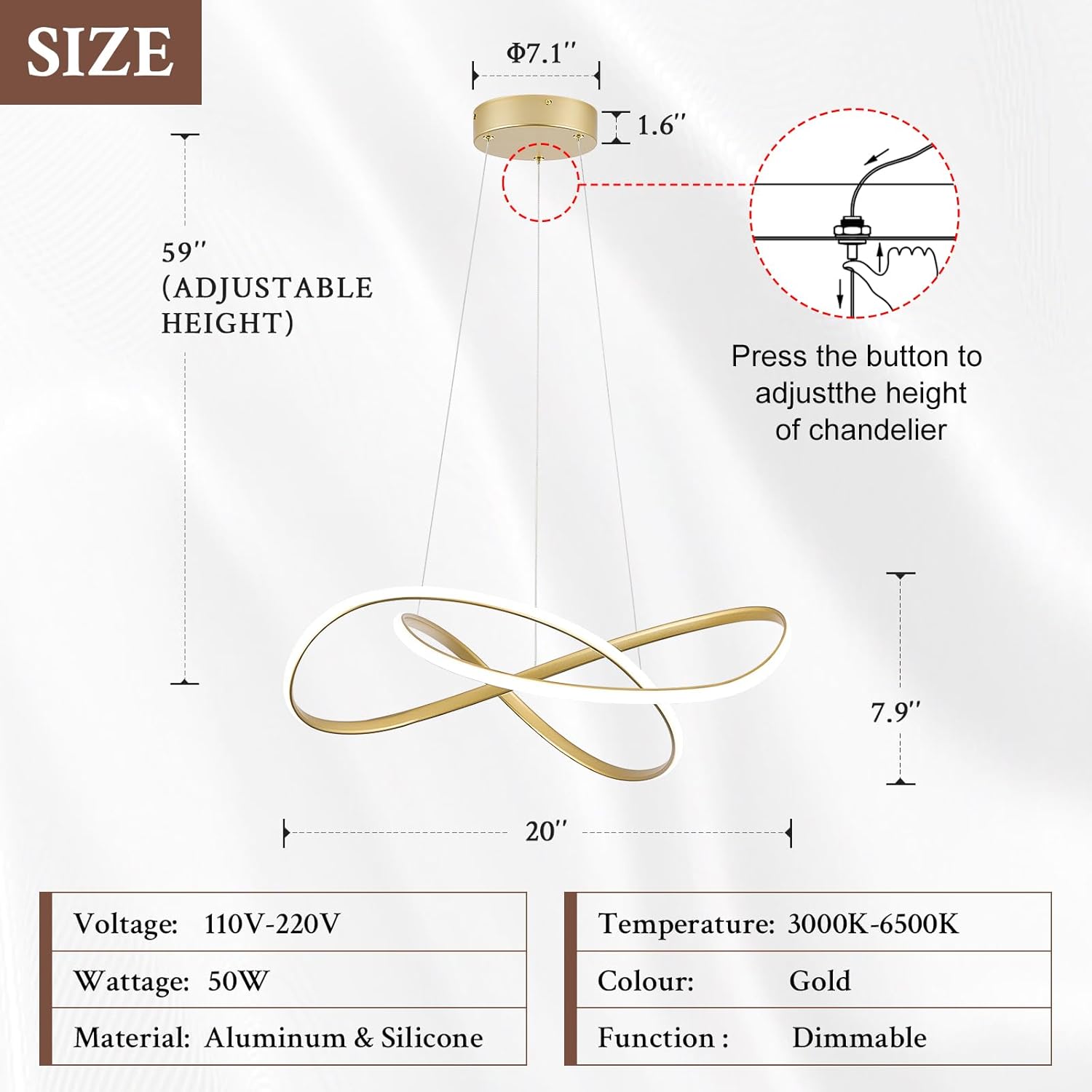 Modern Chandelier Gold D20in LED Pendant Light Fixtures for Kitchen Island, Contemporary Ring Chandelier High Ceiling with Remote Control for Dining Room Living Room Entryway, 3000-6500K Small Gold