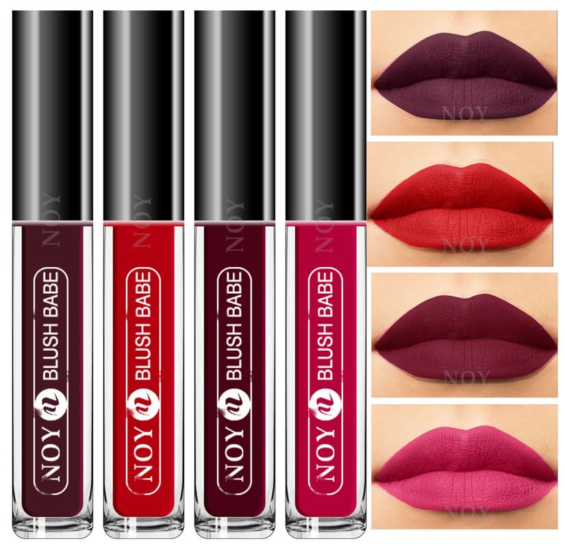 Image of NOY Smudgeproof Matte Liquid Lipstick Playful & Youthful Wine, Red, Maroon, Magenta (Combo-4)