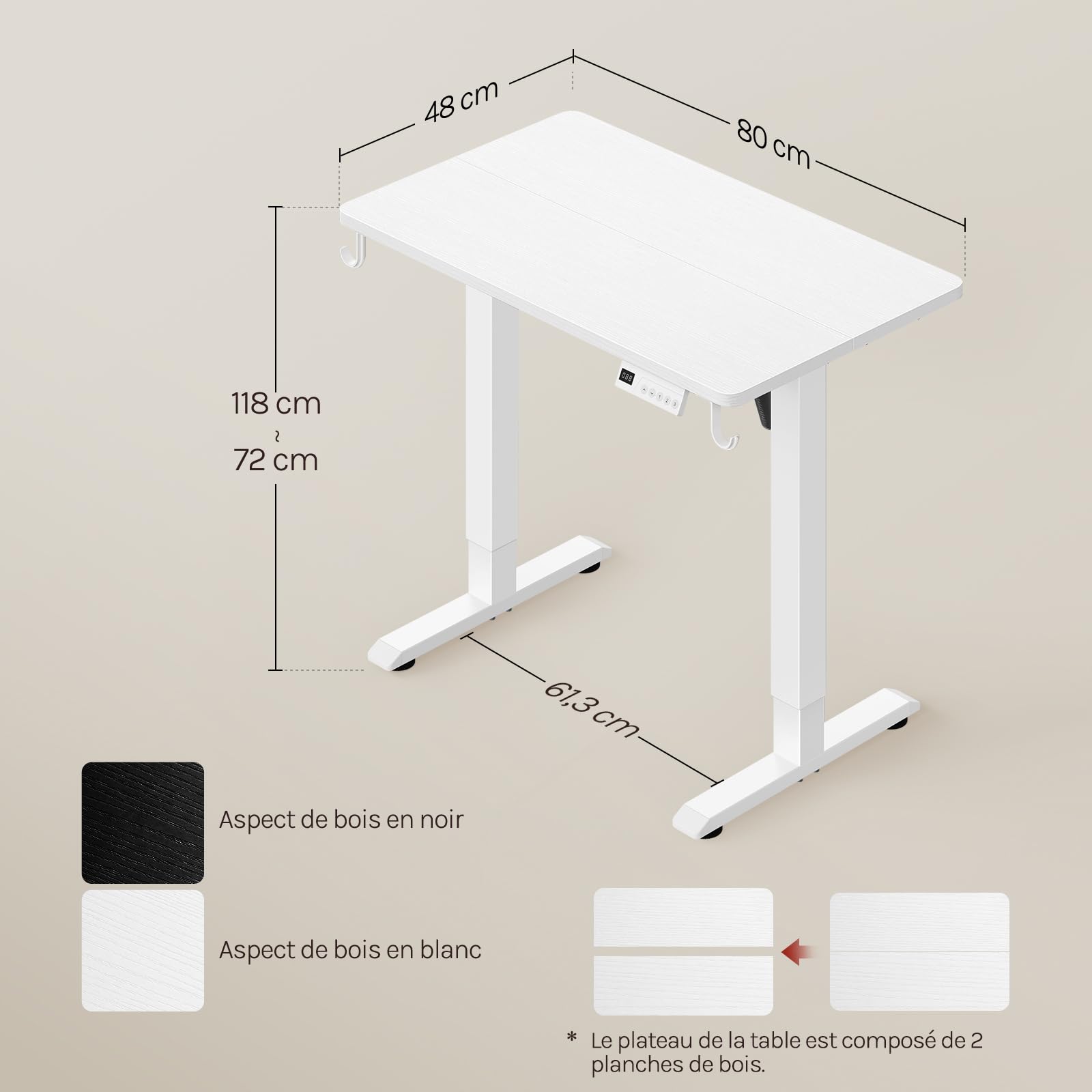 WOLTU Bureau Assis Debout, Bureau Réglable en Hauteur Électrique, 72-118 cm, avec 3 Hauteurs de Mémoire, Réglage en Continu, 2 Crochets, pour Travail à Domicile et Ordinateur, 80x48 cm, Blanc