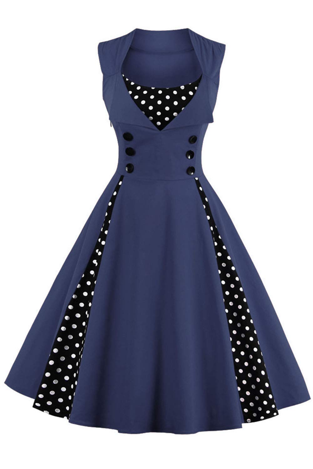AXOE Women's 1940s 50s A-Line Vintage Fancy Dress Polka Dot Cocktail Dress Wedding Guest Party Stretch Cotton Knee-Length Navy Polka Dots UK Size 16, XL