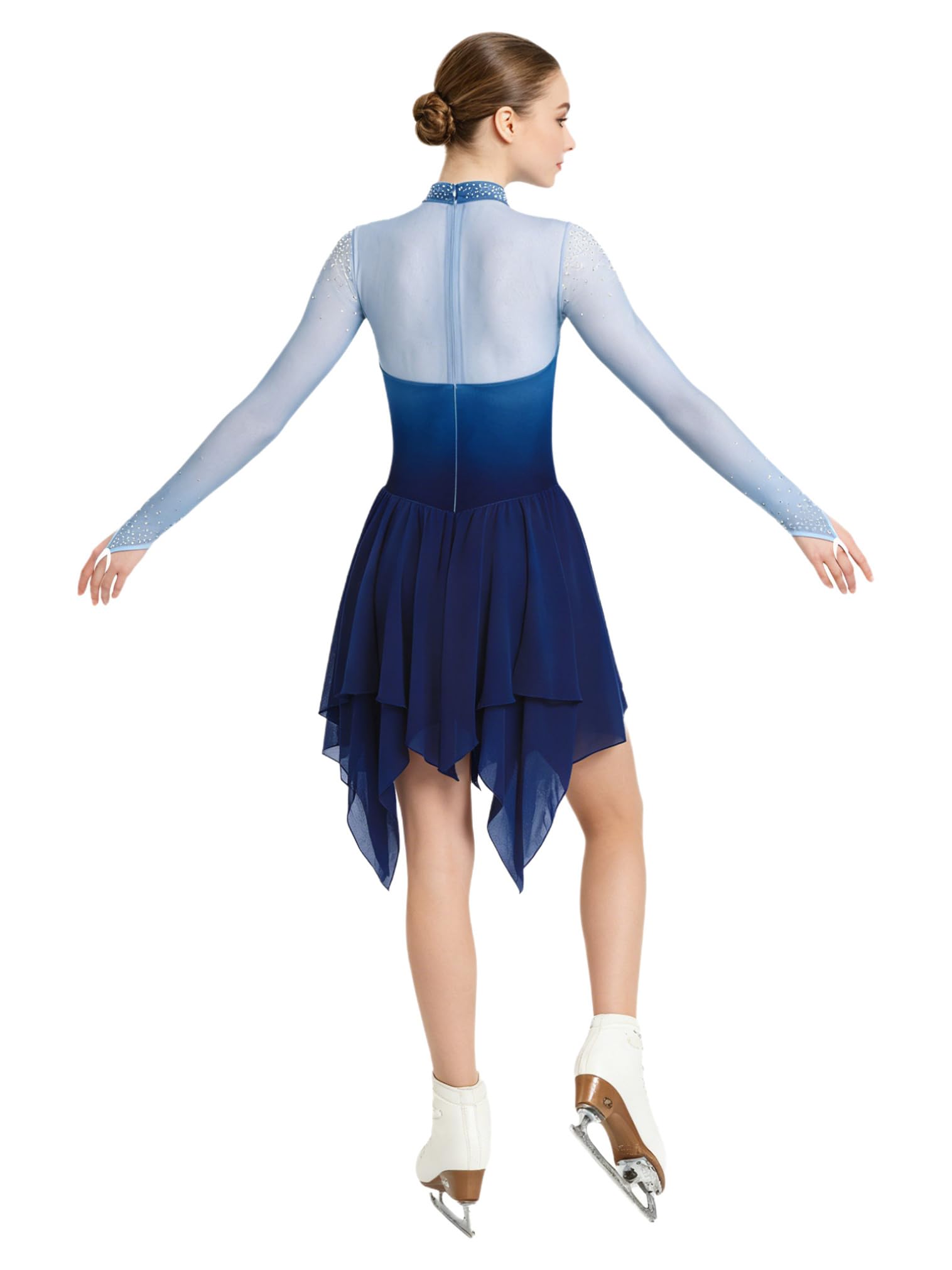 FEESHOW Damen Lyrisch Tanzkleid Langarm Farbverlauf Salsa Walzer Kleid Unregelmäßiger Saum Ballroom Tanzkostüme