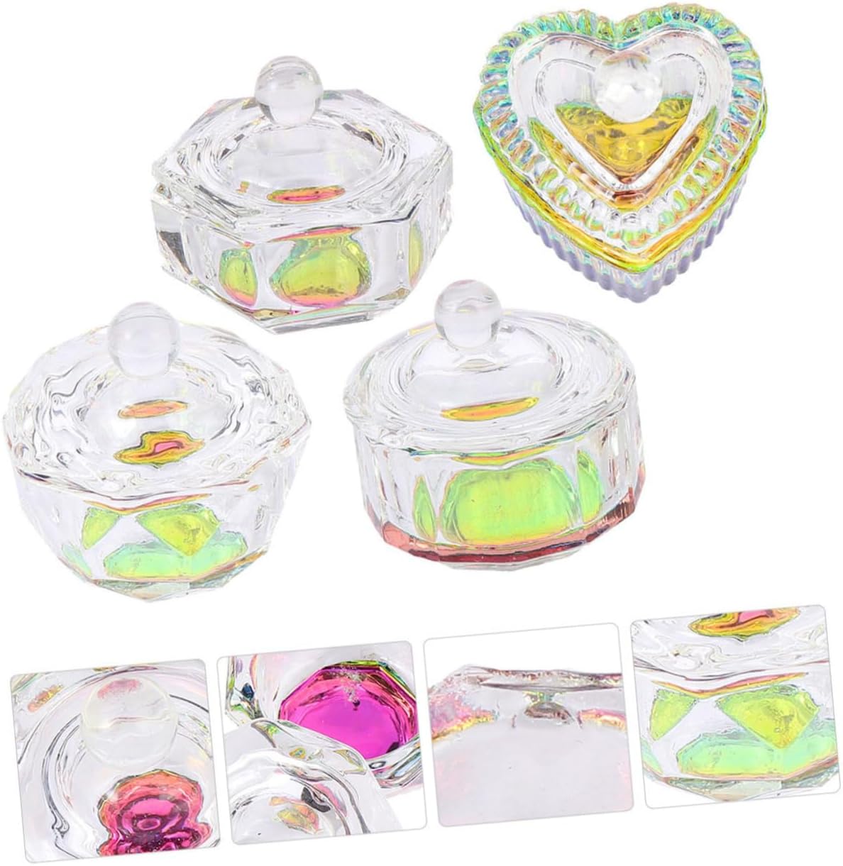 4pcs Crystal Nail Art Cups Lids Glass Dappen Dish for Manicure Liquid Multi-Shape Nail Glass Cup Set for Professional Salons and DIY Use
