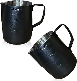 2 Pieces 350ml Milk Jug Stainless Steel: Milk Jug Foaming Jug with Measuring Marrow for Milk Frother Coffee Machine, Stainless Steel Milk Jug for Latte Espresso Cappuccino (Black)