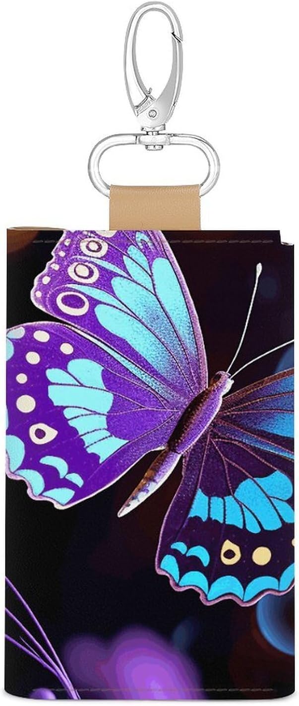 Purple Butterfly And Flowers Key Pouch, PU Leather Key Holder, Personalized Snap Closure Key Bag with Card Slot & Coin Pocket, Portable Key Organizer for Car Keys House Keys, Men Women