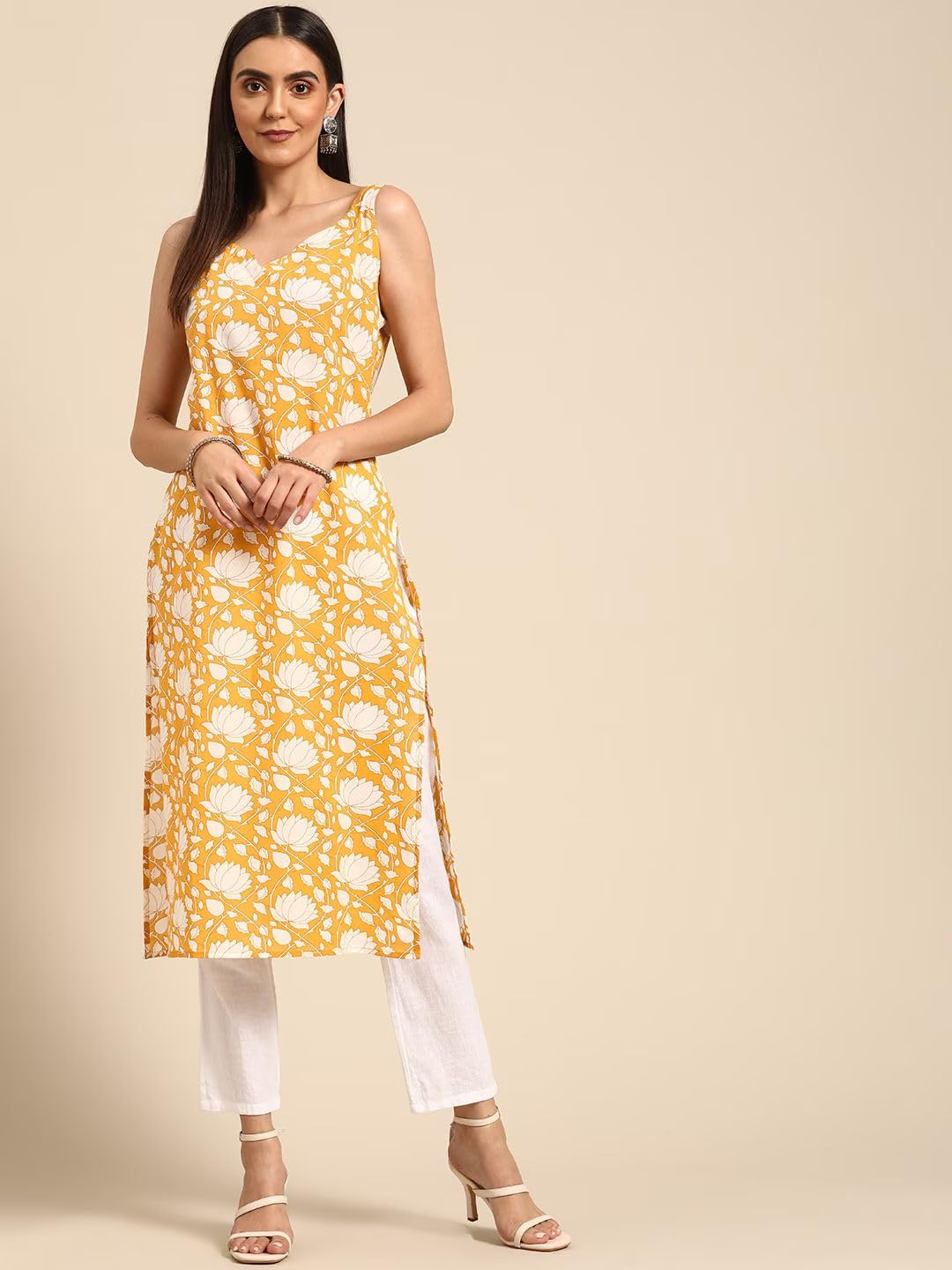Rytras Women's Cotton Printed Straight Sleeveless Kurta(Yellow,S)