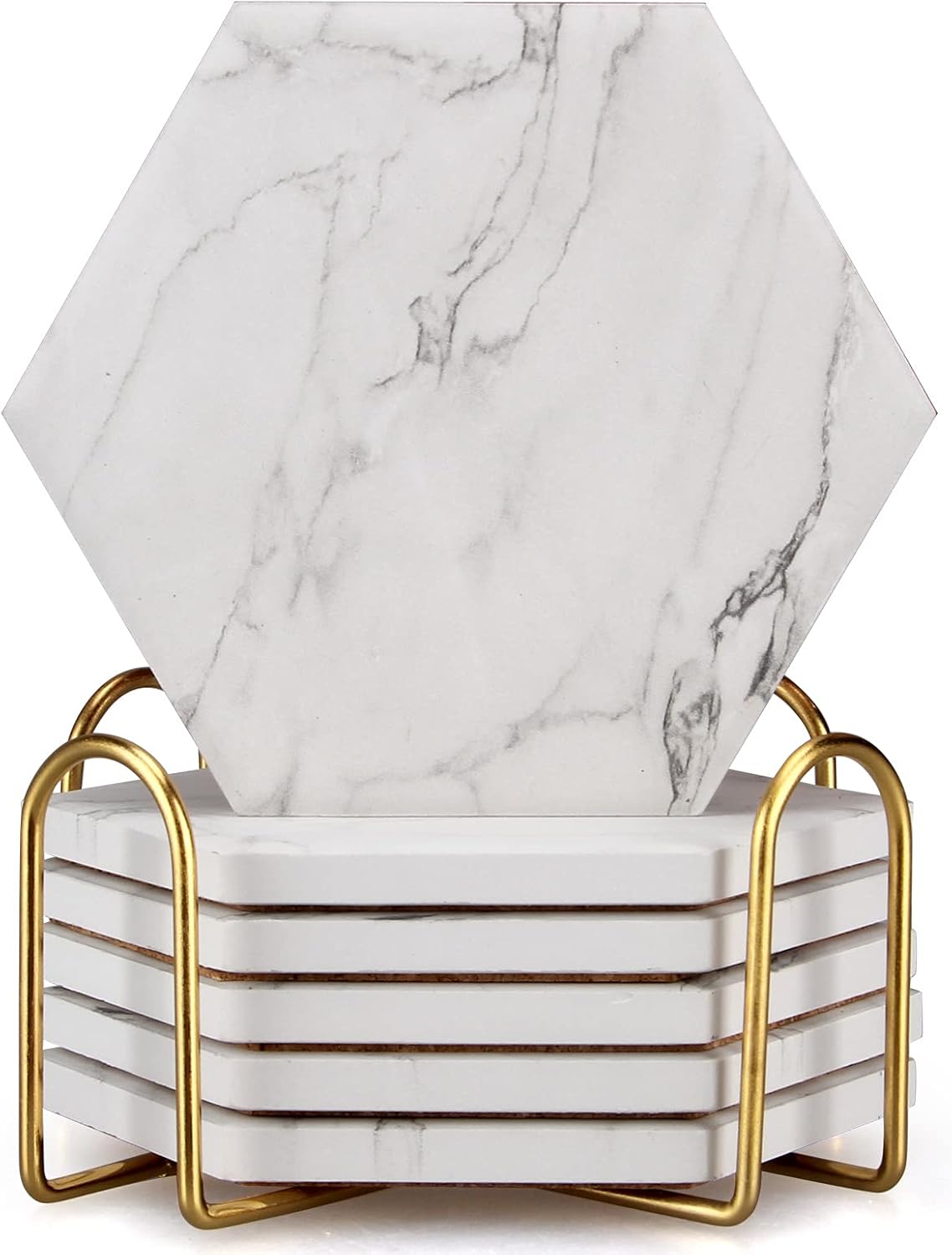 Hexagon Marble Coasters with Holder Absorbent Coaster Set